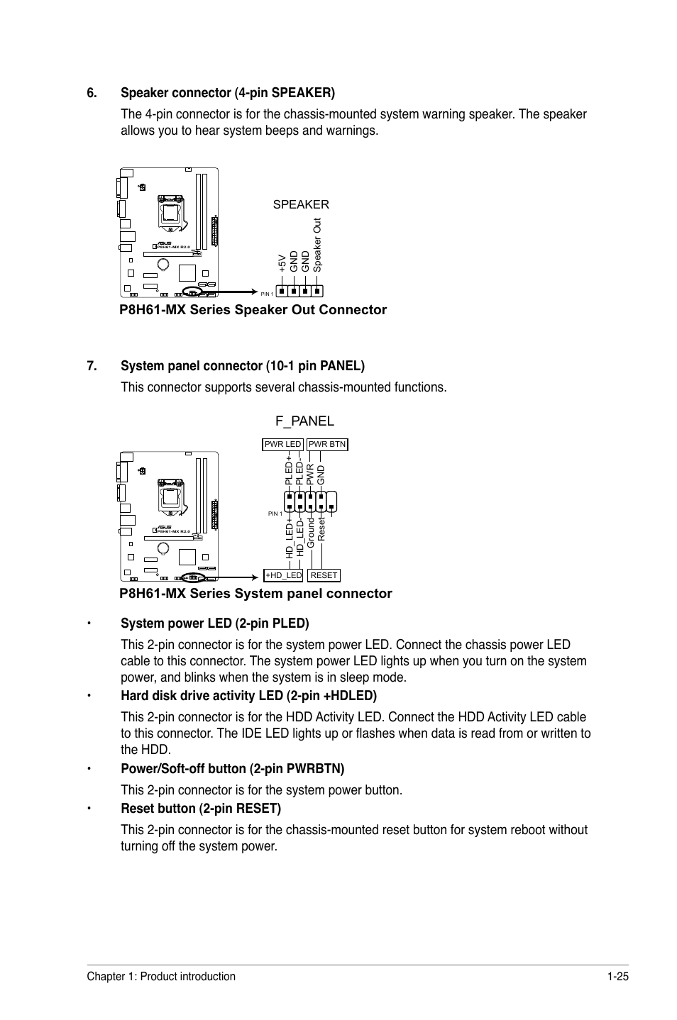 F_panel, P8h61-mx series system panel connector, P8h61-mx series speaker out connector | Asus P8H61-MX USB3 User Manual | Page 35 / 68