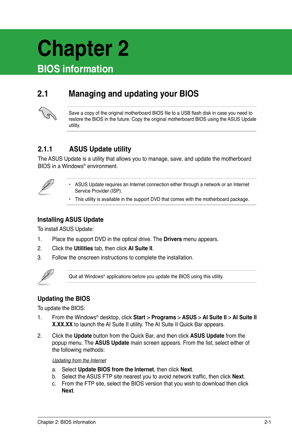 Chapter 2, Bios information, 1 managing and updating your bios | 1 asus update utility, Chapter 2 bios information, Managing and updating your bios -1 2.1.1, Asus update utility -1 | Asus P8H61-MX USB3 User Manual | Page 37 / 68