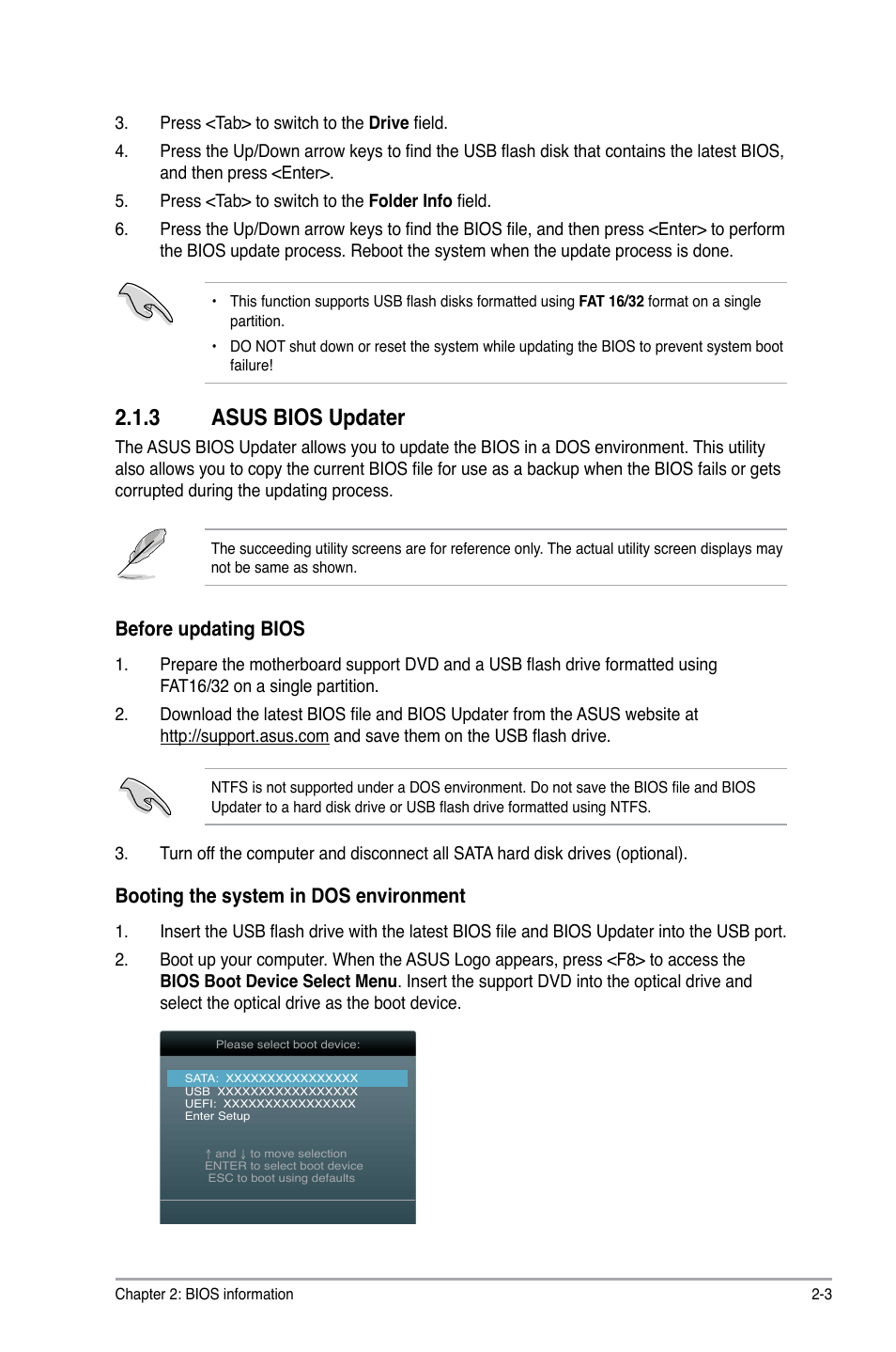 3 asus bios updater, Asus bios updater -3, Before updating bios | Booting the system in dos environment | Asus P8H61-MX USB3 User Manual | Page 39 / 68