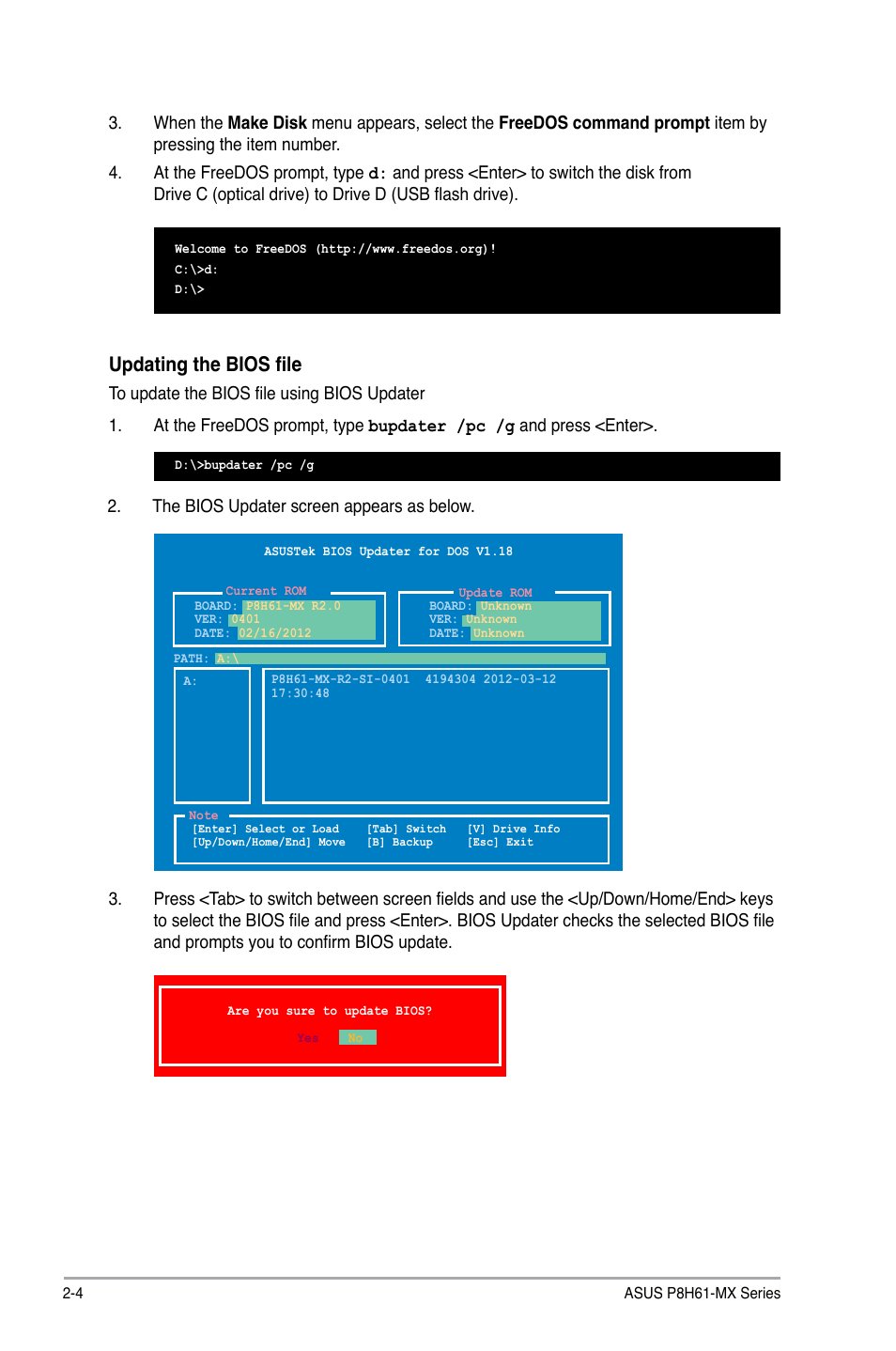 Updating the bios file | Asus P8H61-MX USB3 User Manual | Page 40 / 68