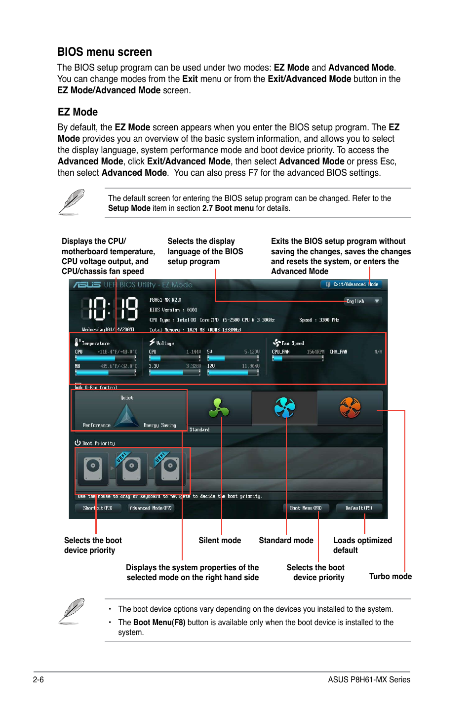 Bios menu screen, Ez mode | Asus P8H61-MX USB3 User Manual | Page 42 / 68