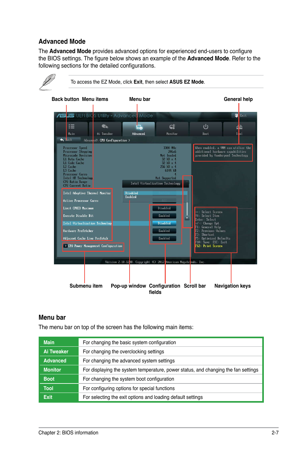 Advanced mode, Menu bar | Asus P8H61-MX USB3 User Manual | Page 43 / 68