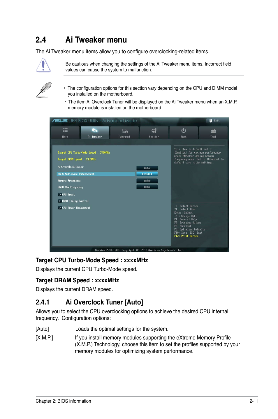 4 ai tweaker menu, 1 ai overclock tuner [auto, Ai tweaker menu -11 2.4.1 | Ai overclock tuner [auto] -11 | Asus P8H61-MX USB3 User Manual | Page 47 / 68