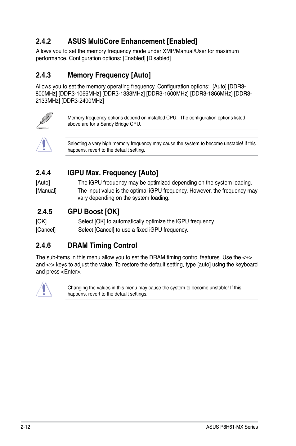 2 asus multicore enhancement [enabled, 3 memory frequency [auto, 4 igpu max. frequency [auto | 5 gpu boost [ok, 6 dram timing control, Asus multicore enhancement [enabled] -12, Memory frequency [auto] -12, Igpu max. frequency [auto] -12, 5 gpu boost [ok] -12, Dram timing control -12 | Asus P8H61-MX USB3 User Manual | Page 48 / 68