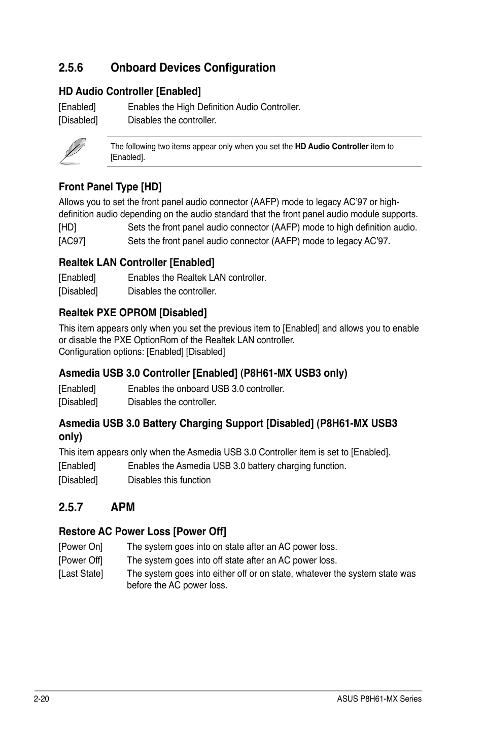 6 onboard devices configuration, 7 apm, Onboard devices configuration -20 | Apm -20 | Asus P8H61-MX USB3 User Manual | Page 56 / 68