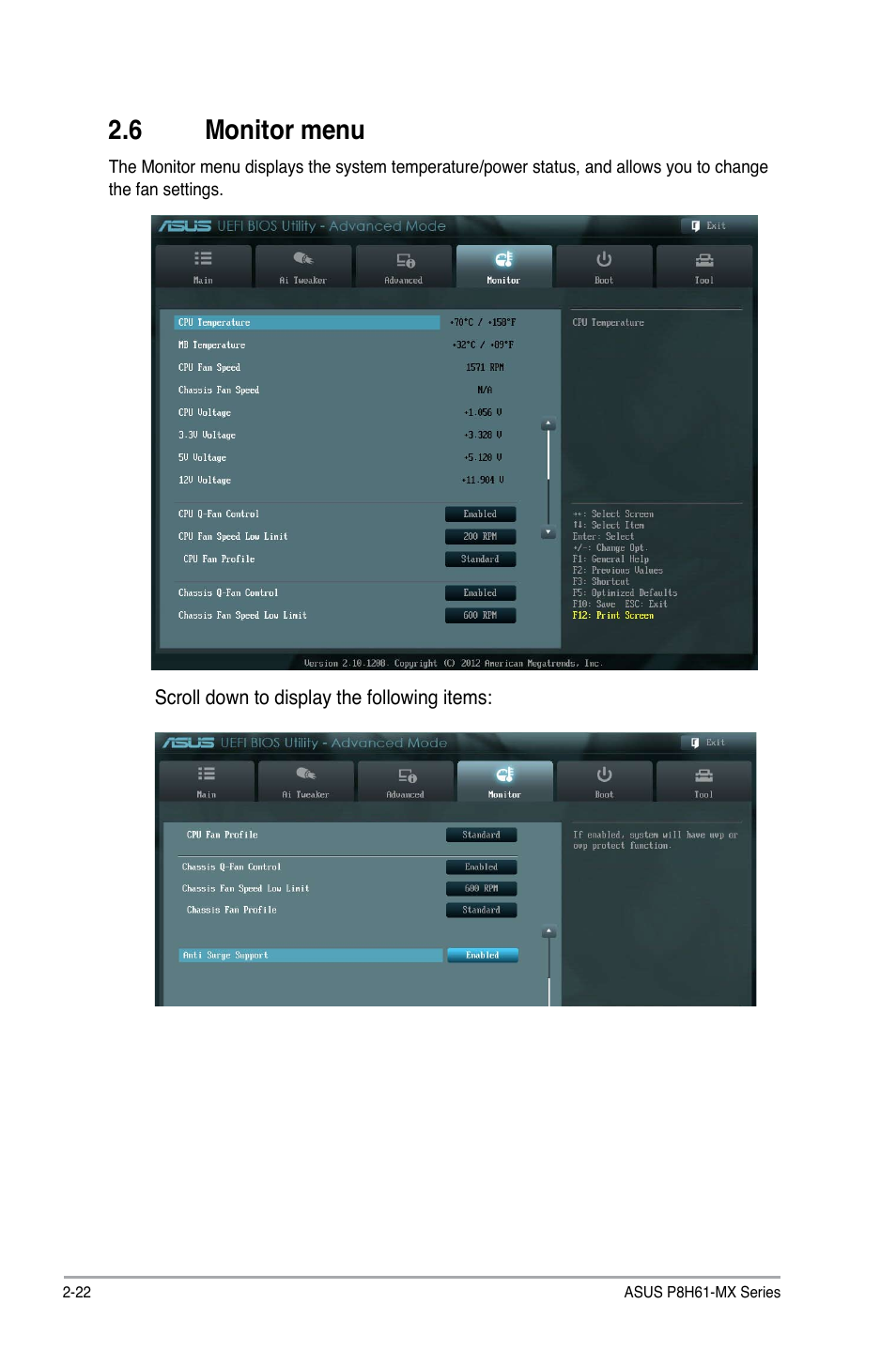 6 monitor menu, Monitor menu -22 | Asus P8H61-MX USB3 User Manual | Page 58 / 68