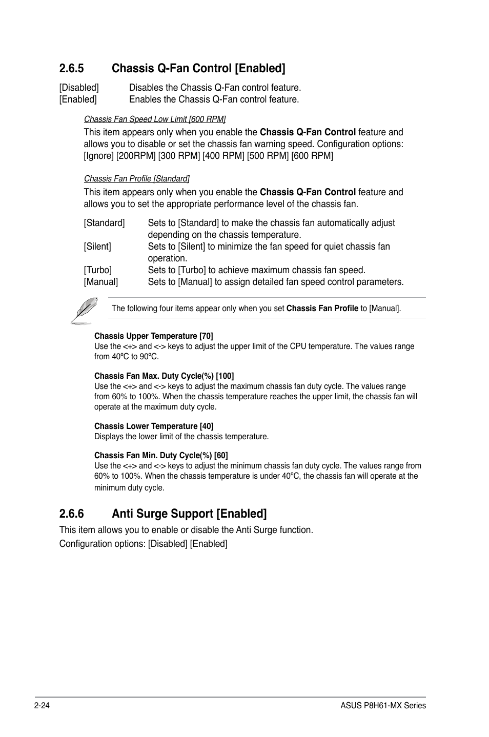 5 chassis q-fan control [enabled, 6 anti surge support [enabled, Chassis q-fan control [enabled] -24 | Anti surge support [enabled] -24 | Asus P8H61-MX USB3 User Manual | Page 60 / 68