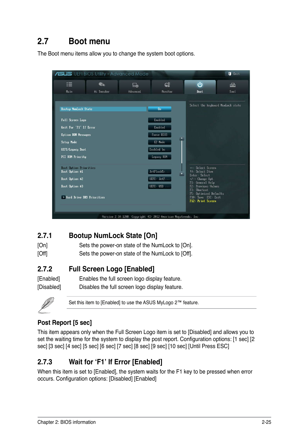 7 boot menu, 1 bootup numlock state [on, 2 full screen logo [enabled | 3 wait for ‘f1’ if error [enabled, Boot menu -25 2.7.1, Bootup numlock state [on] -25, Full screen logo [enabled] -25, Wait for ‘f1’ if error [enabled] -25 | Asus P8H61-MX USB3 User Manual | Page 61 / 68