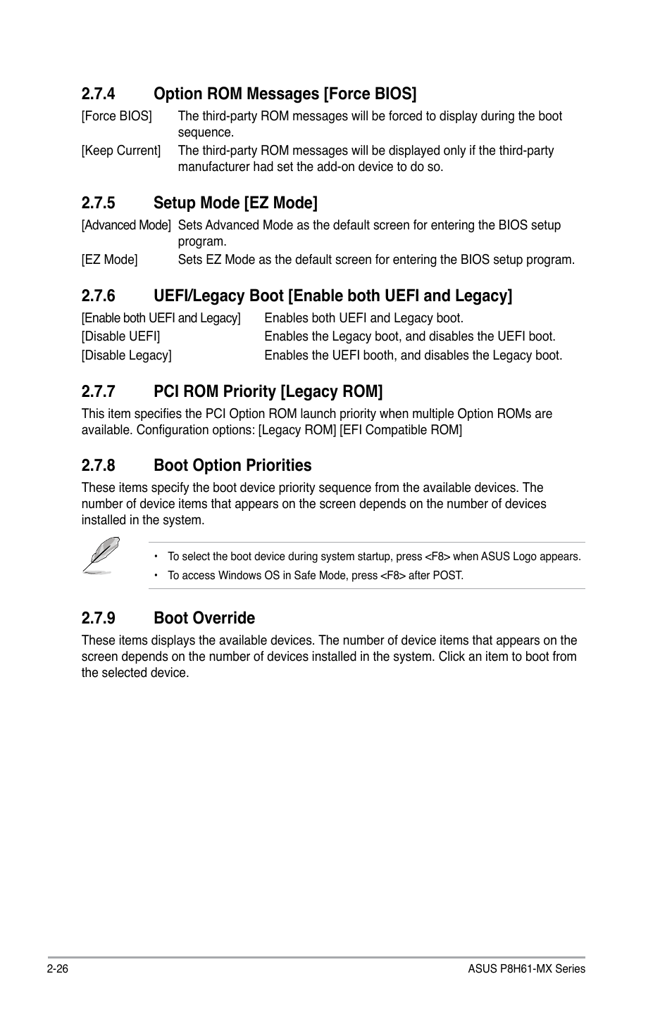 4 option rom messages [force bios, 5 setup mode [ez mode, 6 uefi/legacy boot [enable both uefi and legacy | 7 pci rom priority [legacy rom, 8 boot option priorities, 9 boot override, Option rom messages [force bios] -26, Setup mode [ez mode] -26, Uefi/legacy boot [enable both uefi and legacy] -26, Pci rom priority [legacy rom] -26 | Asus P8H61-MX USB3 User Manual | Page 62 / 68