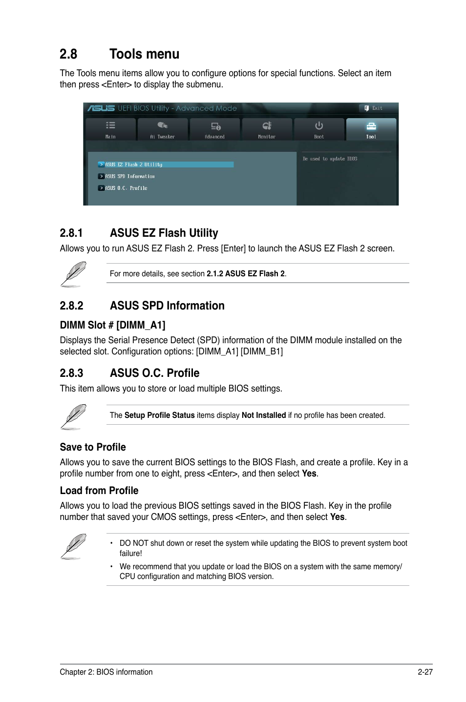 8 tools menu, 1 asus ez flash utility, 2 asus spd information | 3 asus o.c. profile, Tools menu -27 2.8.1, Asus ez flash utility -27, Asus spd information -27, Asus o.c. profile -27 | Asus P8H61-MX USB3 User Manual | Page 63 / 68