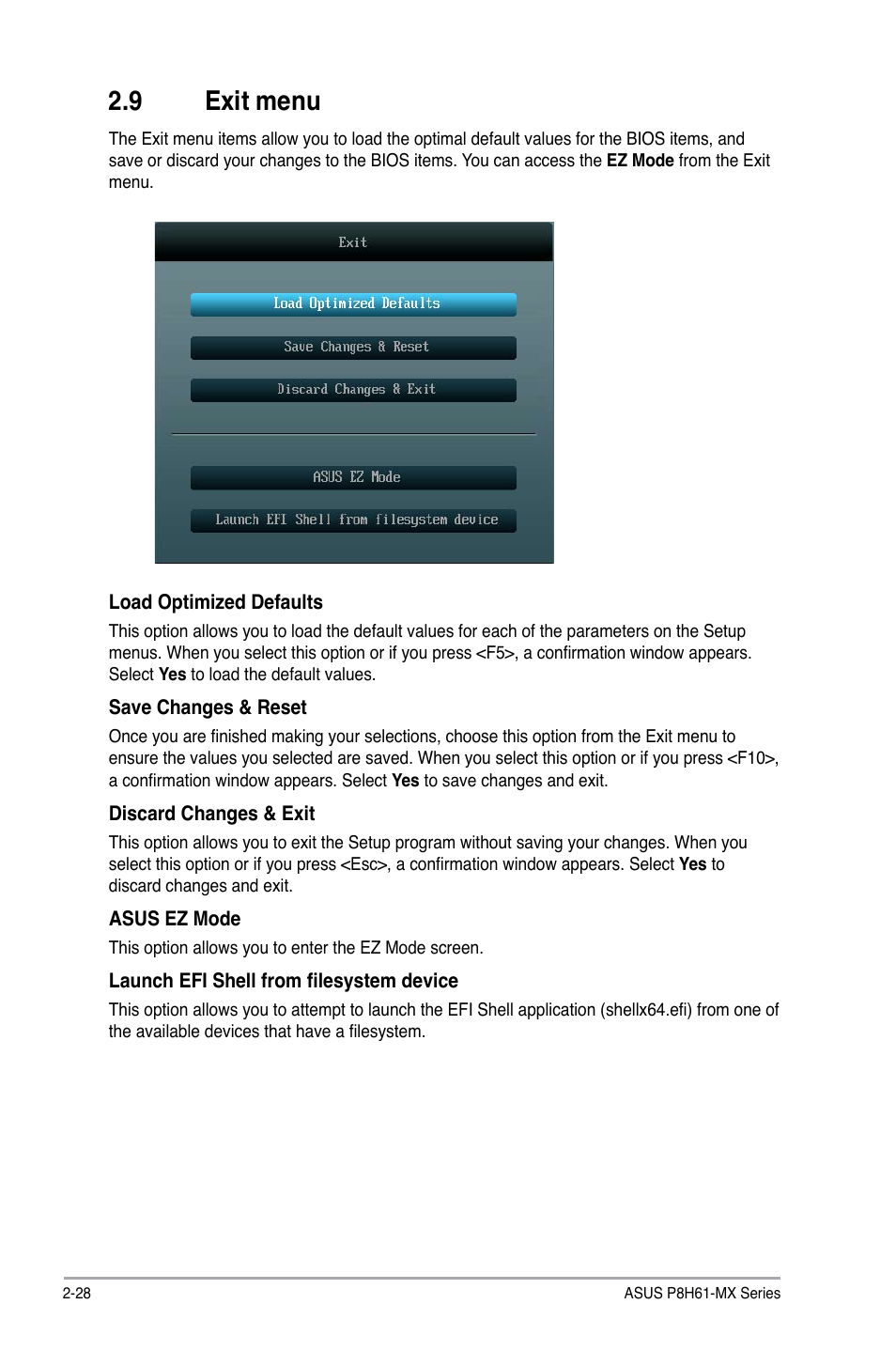 9 exit menu, Exit menu -28 | Asus P8H61-MX USB3 User Manual | Page 64 / 68