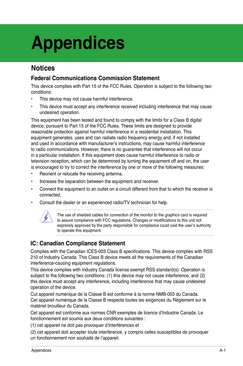 Appendices, Notices, Federal communications commission statement | Ic: canadian compliance statement | Asus P8H61-MX USB3 User Manual | Page 65 / 68