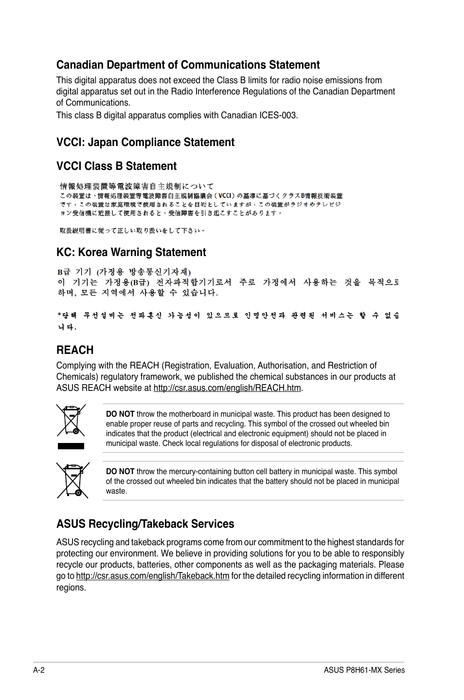 Reach, Asus recycling/takeback services | Asus P8H61-MX USB3 User Manual | Page 66 / 68