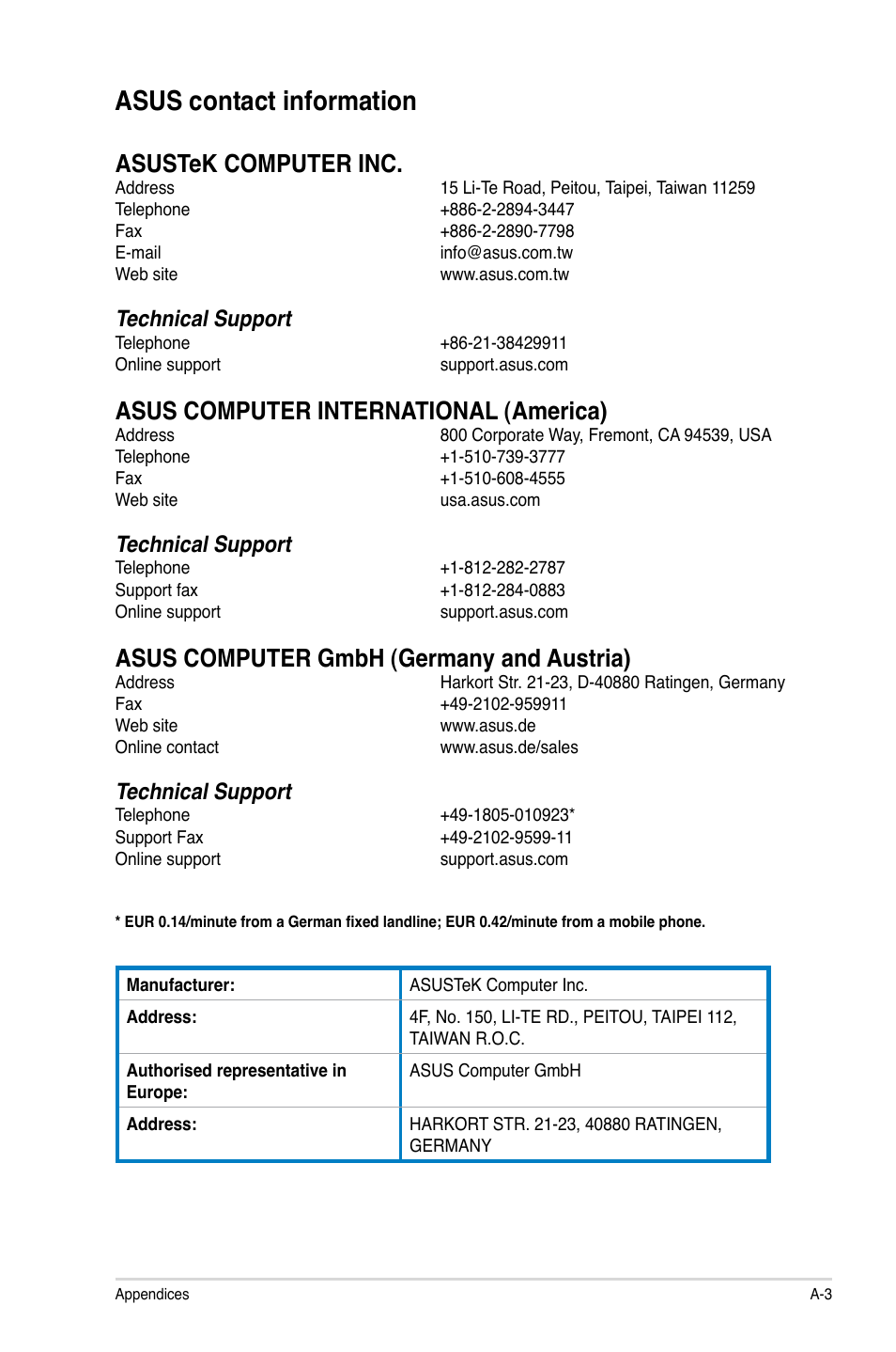 Asus contact information, Asustek computer inc, Asus computer international (america) | Asus computer gmbh (germany and austria), Technical support | Asus P8H61-MX USB3 User Manual | Page 67 / 68