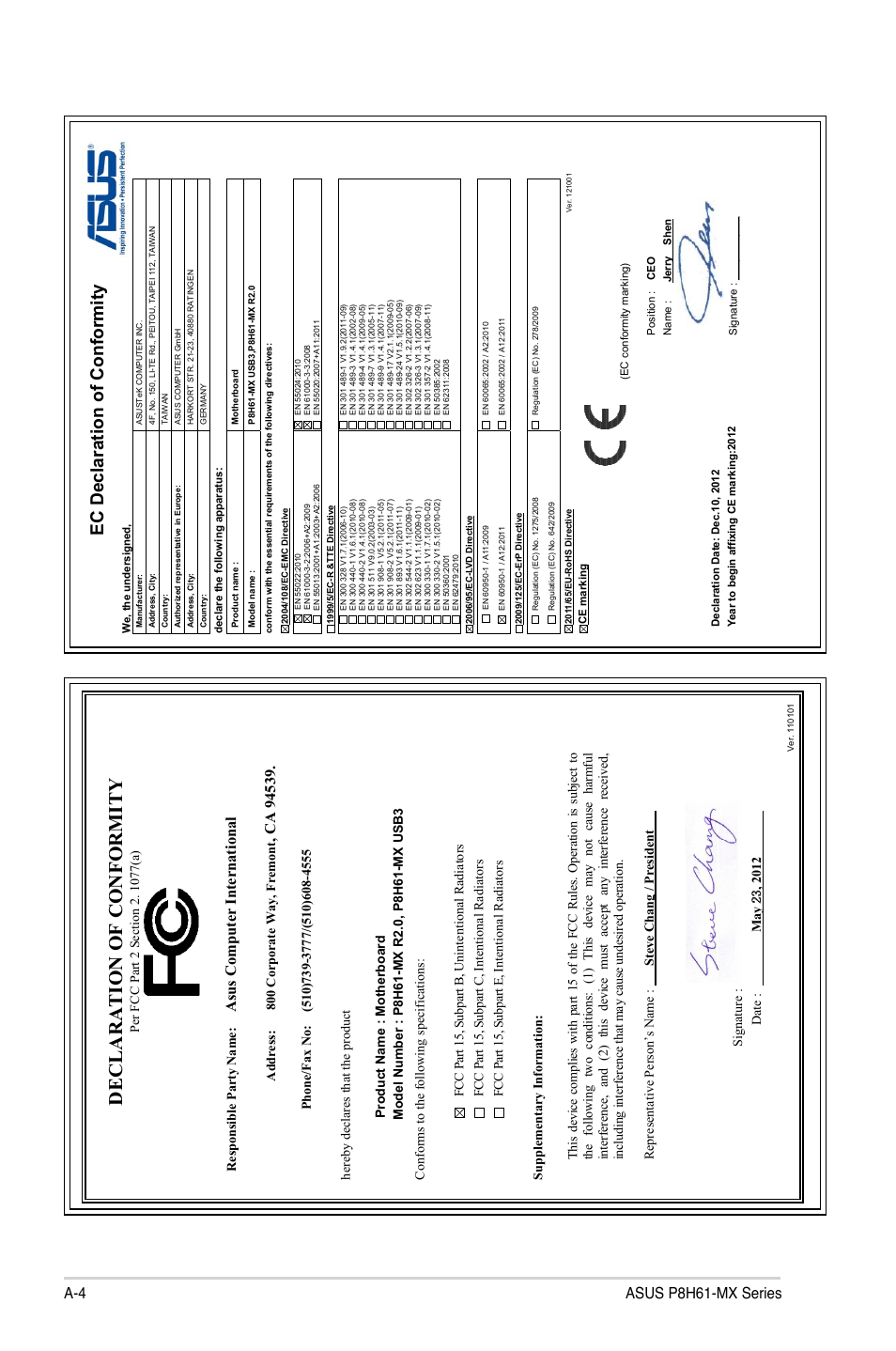 Declaration of conformity, Ec declaration of conformity, A-4 asus p8h61-mx series | Asu s c om pu te r in te rn at io na l | Asus P8H61-MX USB3 User Manual | Page 68 / 68