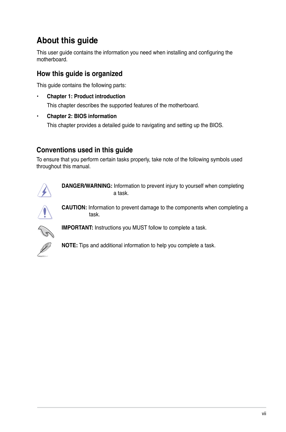 About this guide, Conventions used in this guide, How this guide is organized | Asus P8H61-MX USB3 User Manual | Page 7 / 68