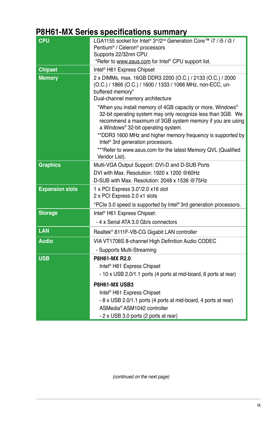 P8h61-mx series specifications summary | Asus P8H61-MX USB3 User Manual | Page 9 / 68