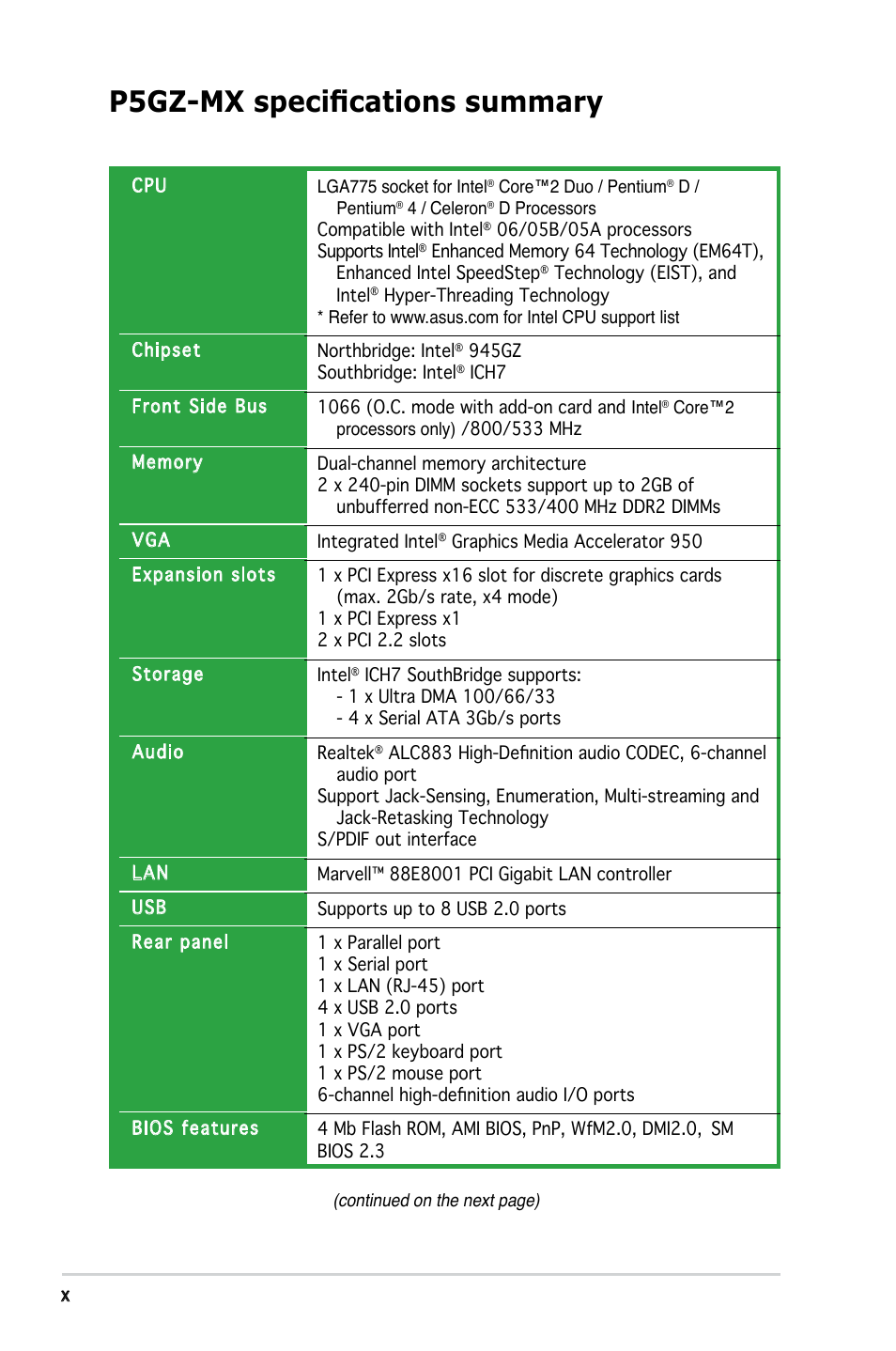 P5gz-mx specifications summary | Asus P5GZ-MX User Manual | Page 10 / 94