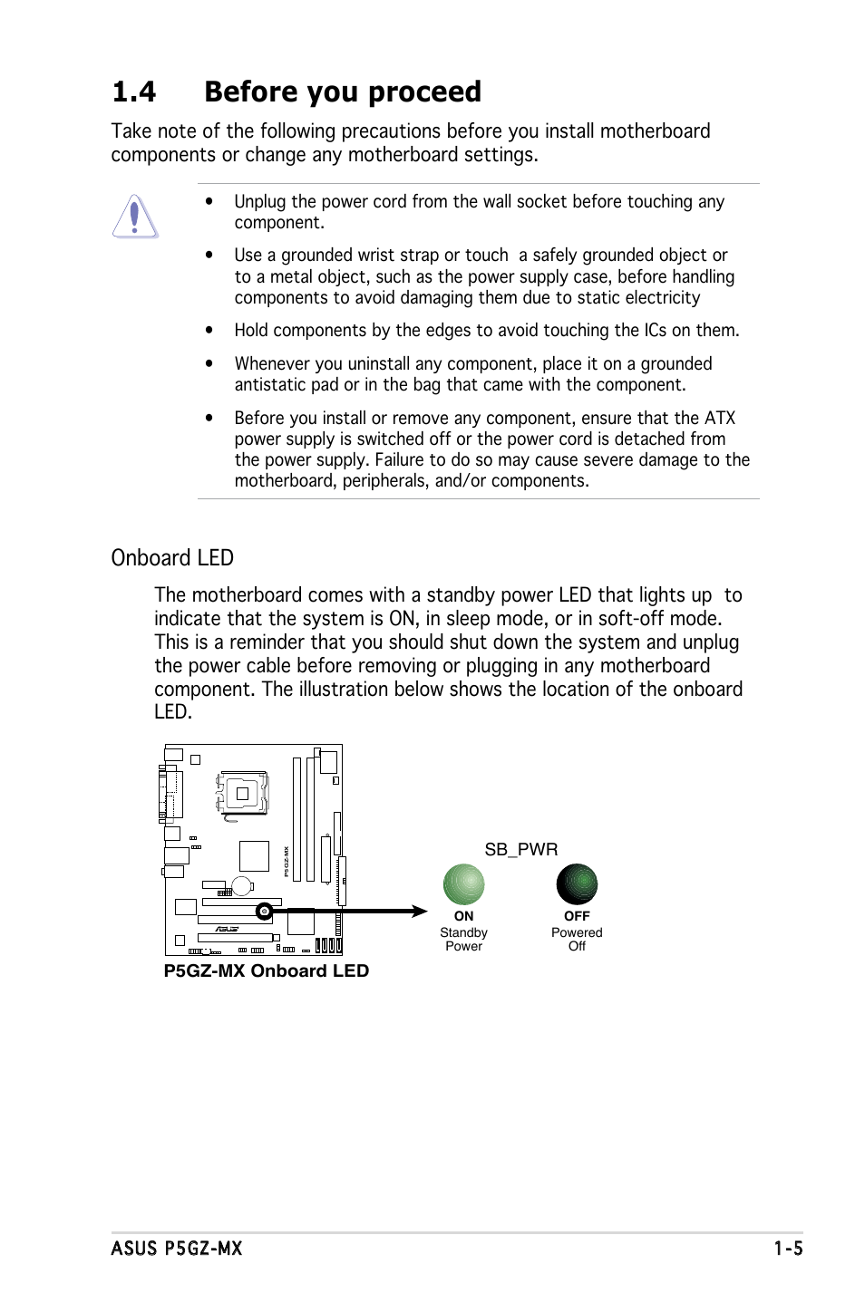 4 before you proceed, Onboard led | Asus P5GZ-MX User Manual | Page 17 / 94