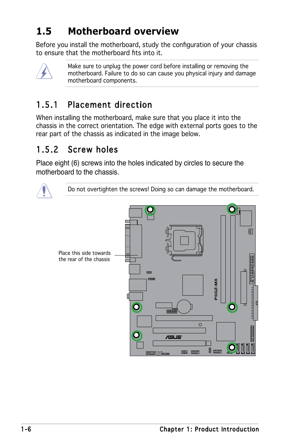 5 motherboard overview, 1 placement direction, 2 screw holes | Asus P5GZ-MX User Manual | Page 18 / 94