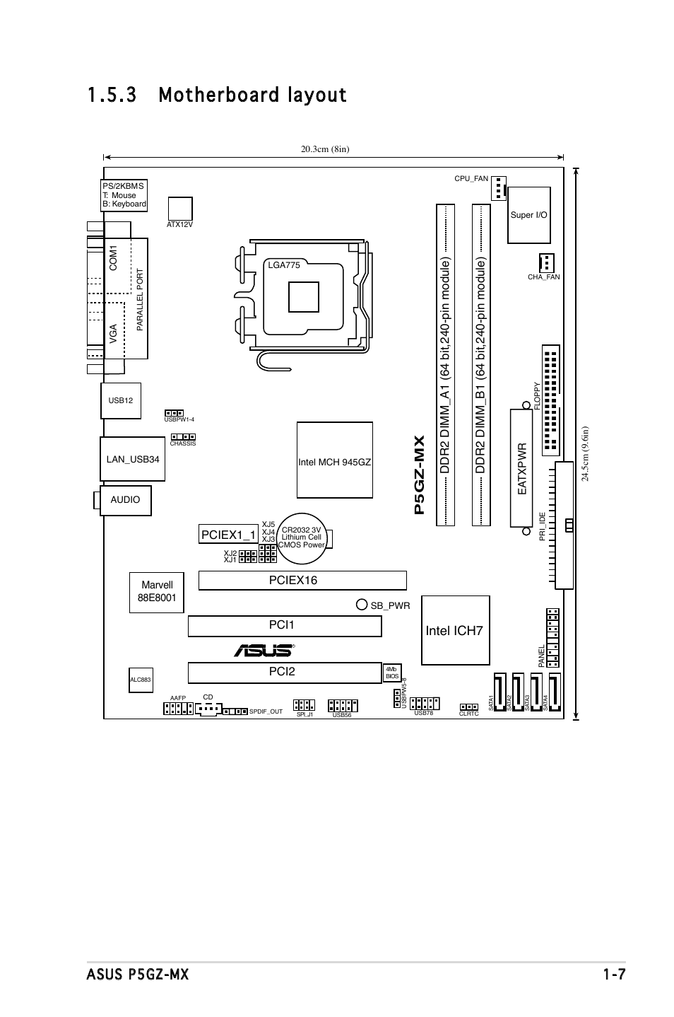 3 motherboard layout, Asus p5gz-mx 1-7, Intel ich7 | Ea txpw r | Asus P5GZ-MX User Manual | Page 19 / 94