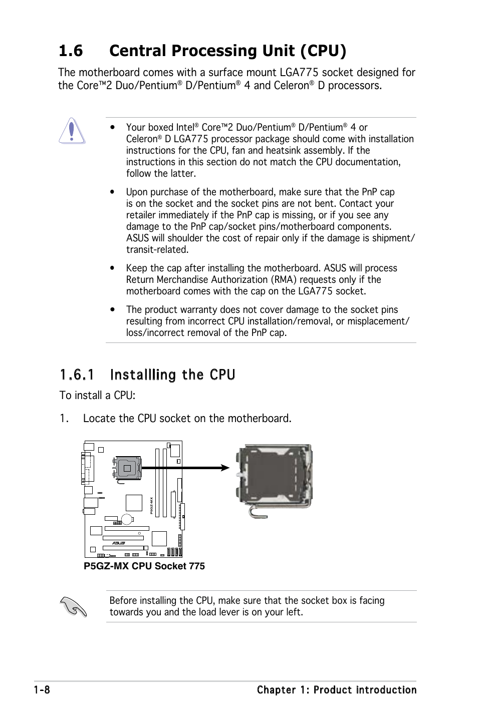 6 central processing unit (cpu), 1 installling the cpu | Asus P5GZ-MX User Manual | Page 20 / 94