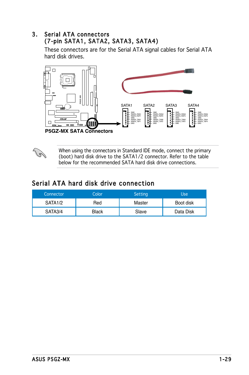 Serial ata hard disk drive connection, Asus p5gz-mx 1-29, Connector color setting use | Asus P5GZ-MX User Manual | Page 41 / 94