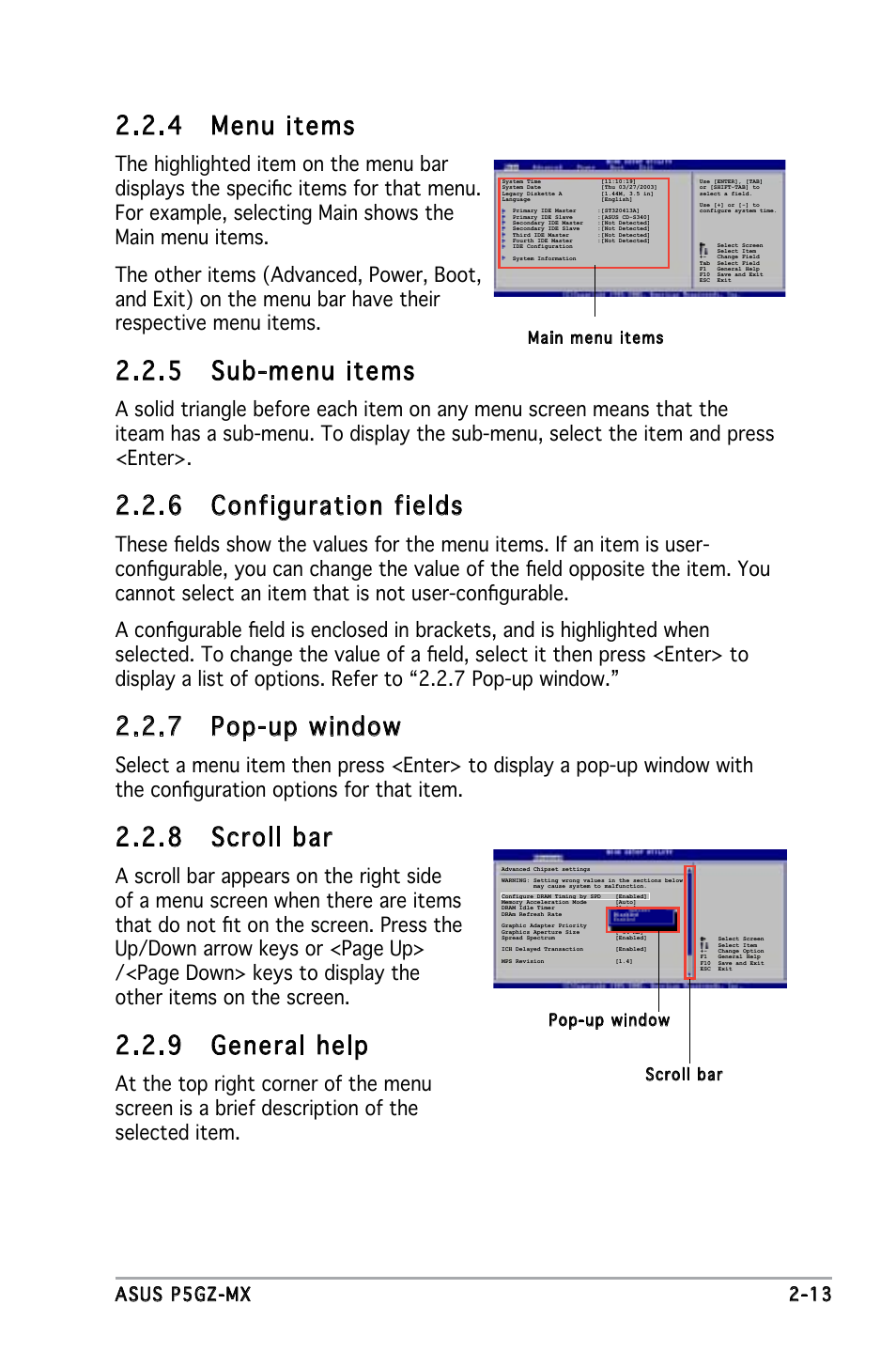 4 menu items, 5 sub-menu items, 6 configuration fields | 7 pop-up window, 8 scroll bar, 9 general help, Asus p5gz-mx 2-13 | Asus P5GZ-MX User Manual | Page 59 / 94