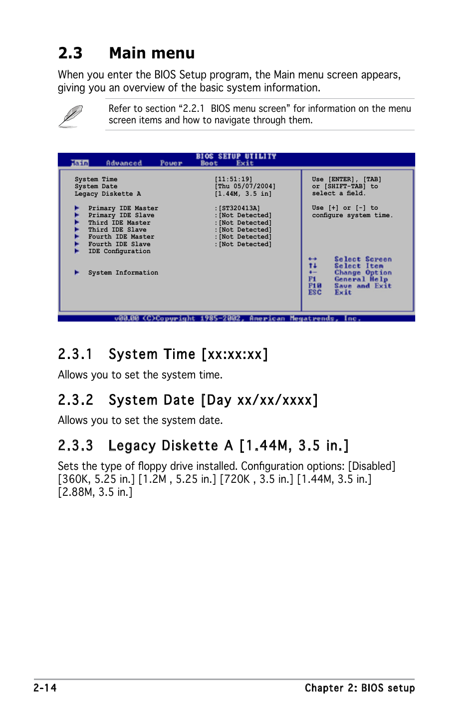 3 main menu, 1 system time [xx:xx:xx, Allows you to set the system time | Allows you to set the system date | Asus P5GZ-MX User Manual | Page 60 / 94