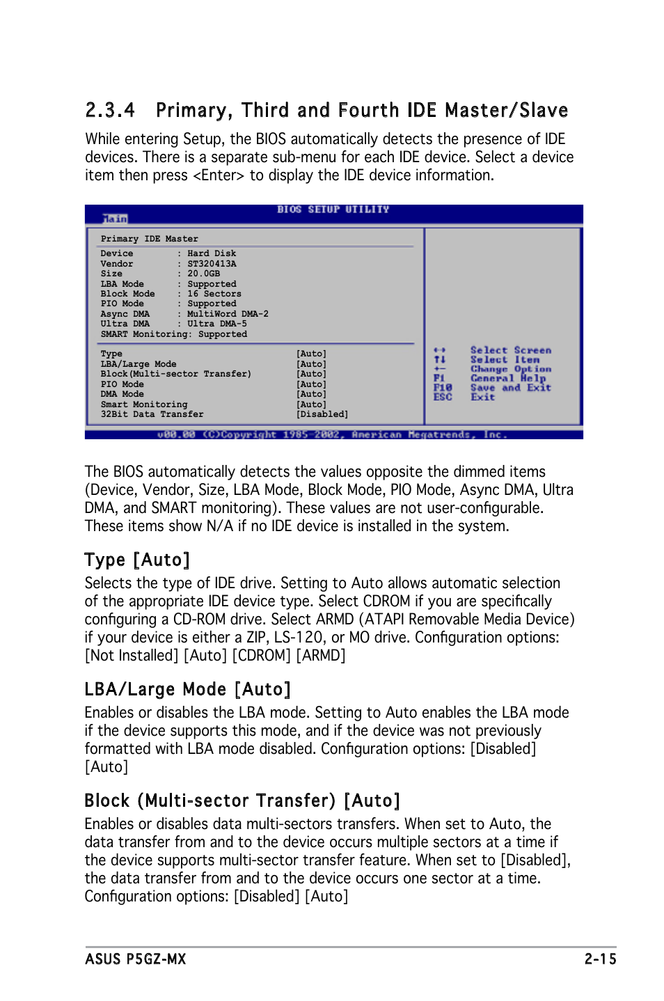 4 primary, third and fourth ide master/slave, Type [auto, Lba/large mode [auto | Block (multi-sector transfer) [auto | Asus P5GZ-MX User Manual | Page 61 / 94