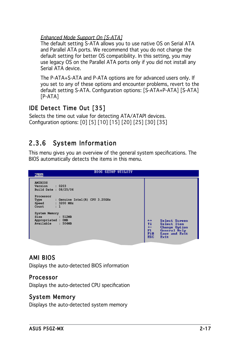 6 system information, Ide detect time out [35, Ami bios | Processor | Asus P5GZ-MX User Manual | Page 63 / 94