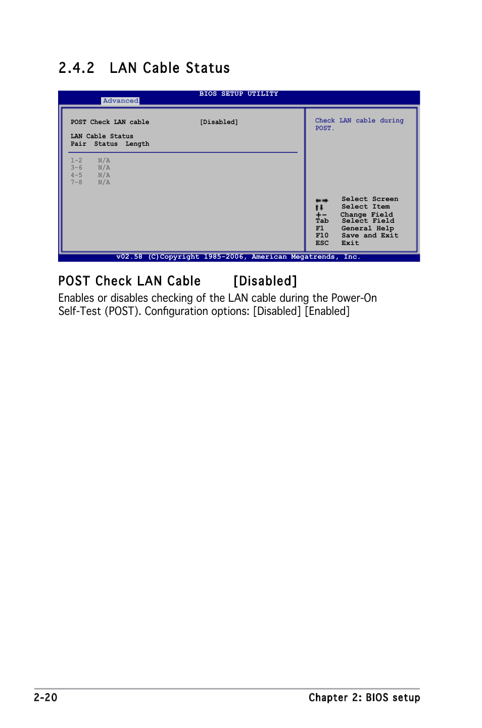 2 lan cable status, Post check lan cable [disabled | Asus P5GZ-MX User Manual | Page 66 / 94