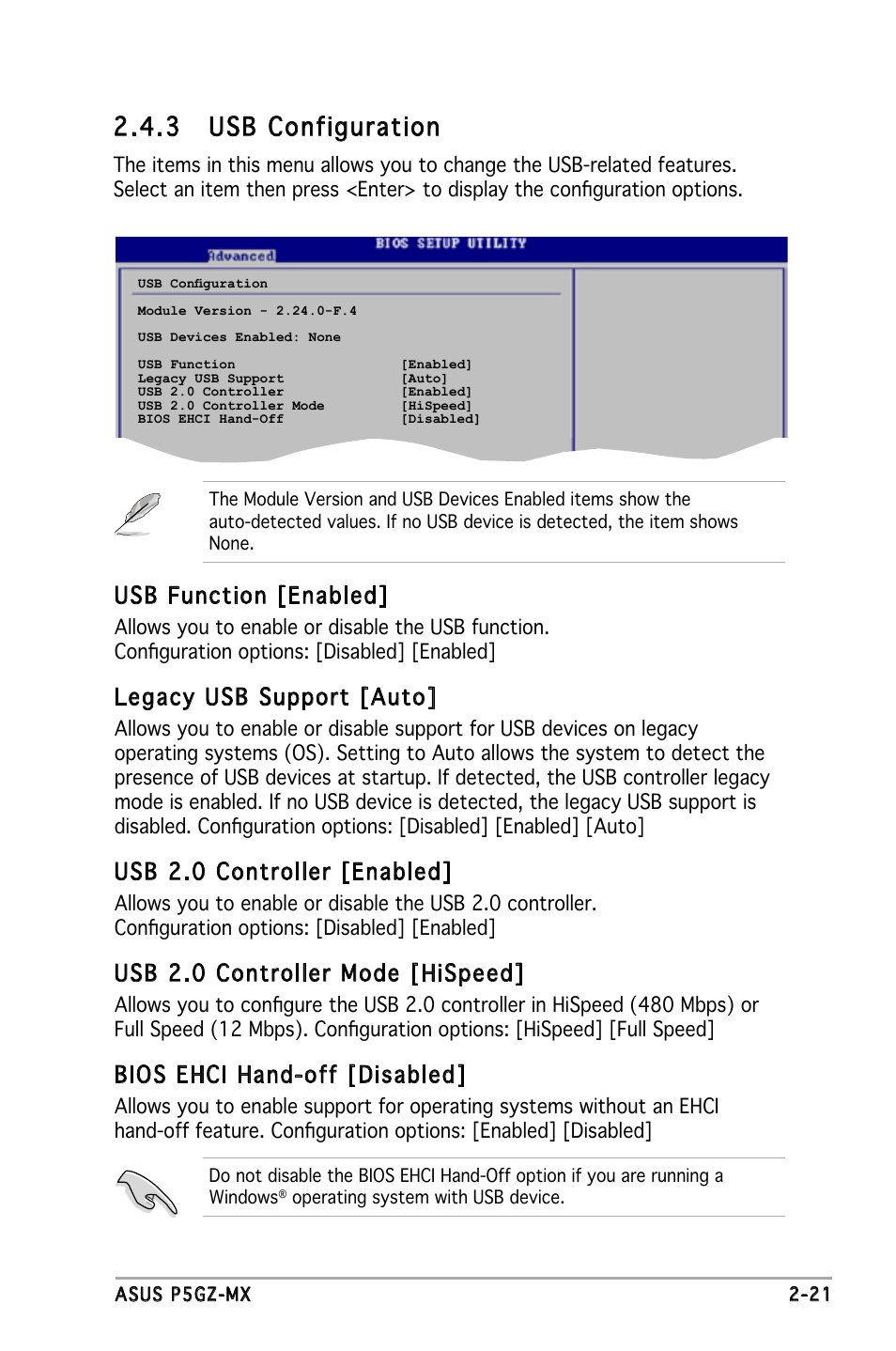 3 usb configuration, Usb function [enabled, Legacy usb support [auto | Usb 2.0 controller [enabled, Usb 2.0 controller mode [hispeed, Bios ehci hand-off [disabled | Asus P5GZ-MX User Manual | Page 67 / 94