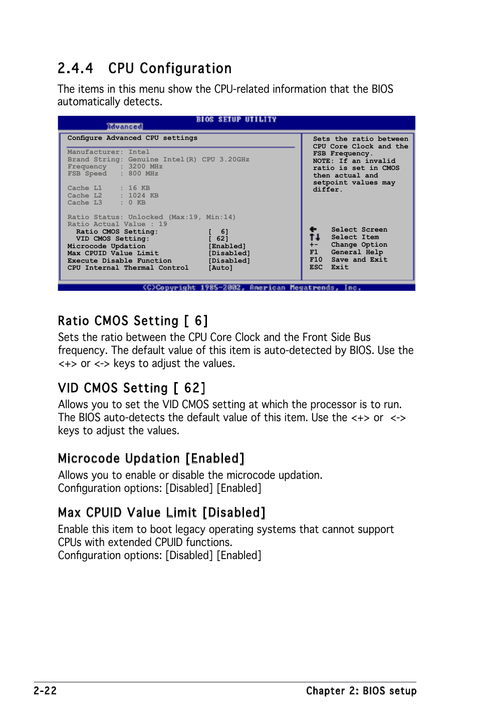 4 cpu configuration, Ratio cmos setting [ 6, Vid cmos setting [ 62 | Microcode updation [enabled, Max cpuid value limit [disabled | Asus P5GZ-MX User Manual | Page 68 / 94