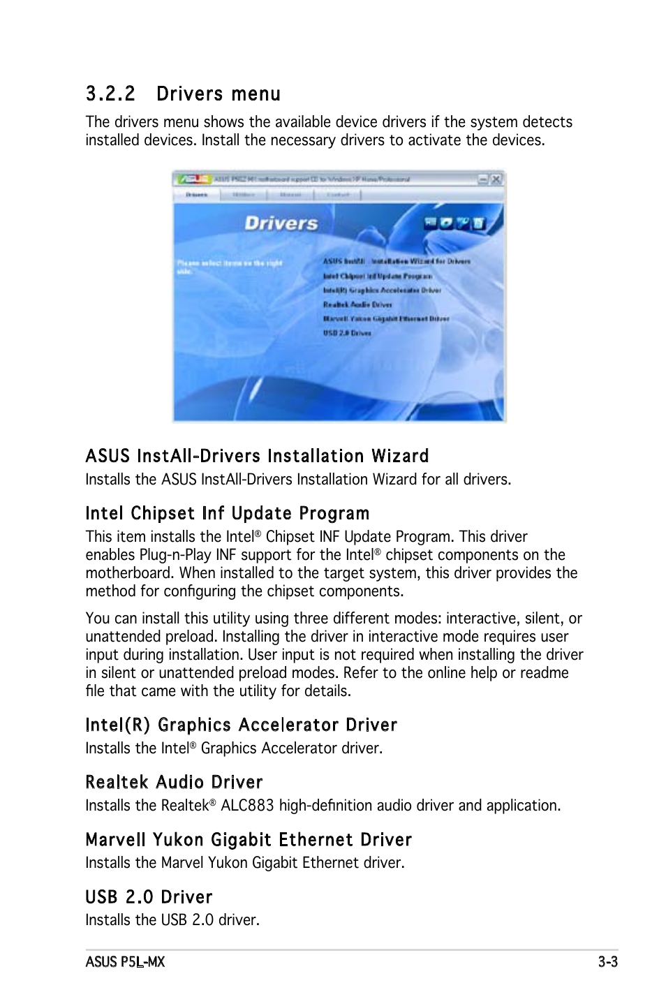 2 drivers menu, Asus install-drivers installation wizard, Intel chipset inf update program | Intel(r) graphics accelerator driver, Realtek audio driver, Marvell yukon gigabit ethernet driver, Usb 2.0 driver | Asus P5GZ-MX User Manual | Page 87 / 94