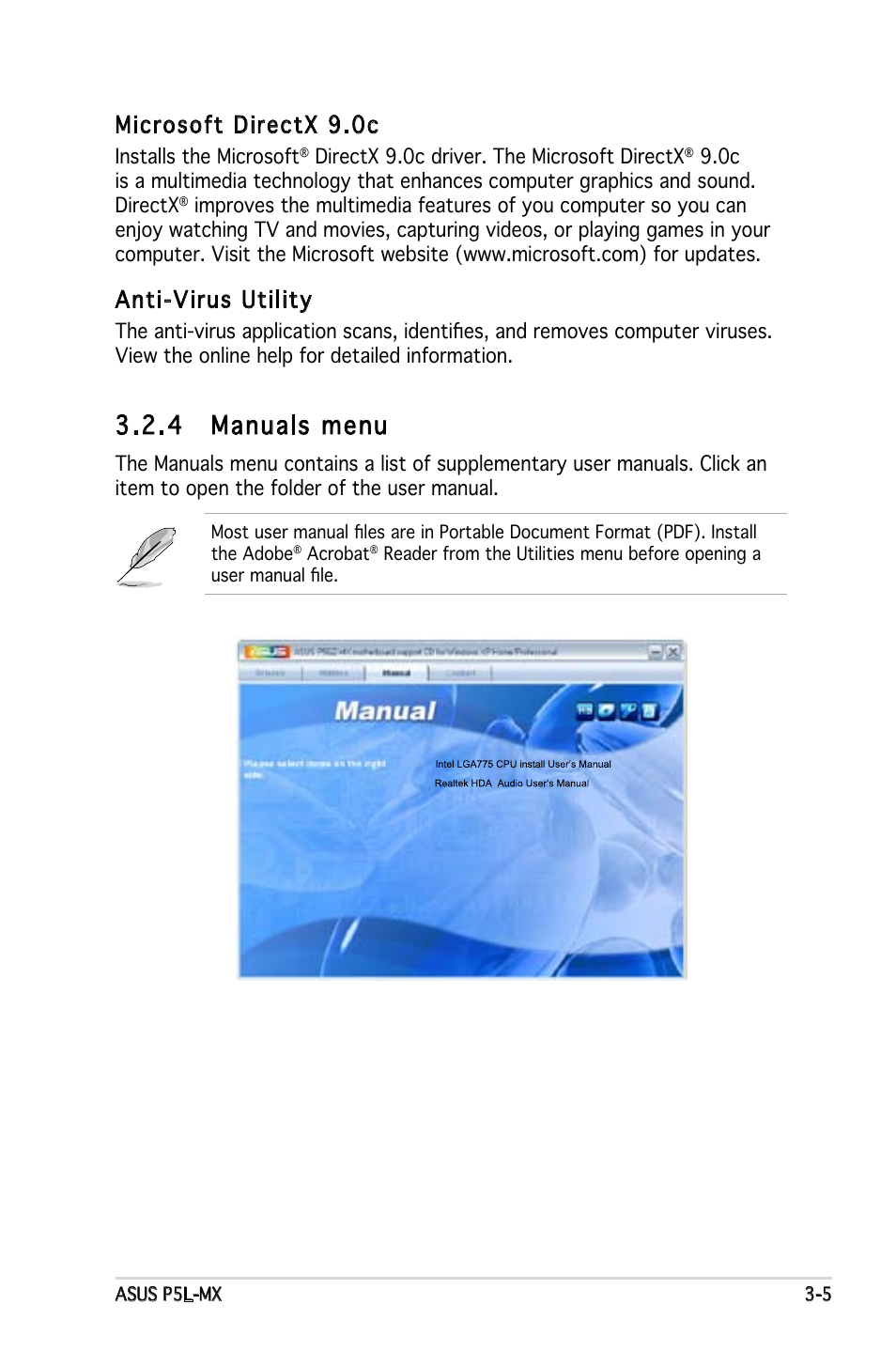 4 manuals menu, Microsoft directx 9.0c, Anti-virus utility | Asus P5GZ-MX User Manual | Page 89 / 94