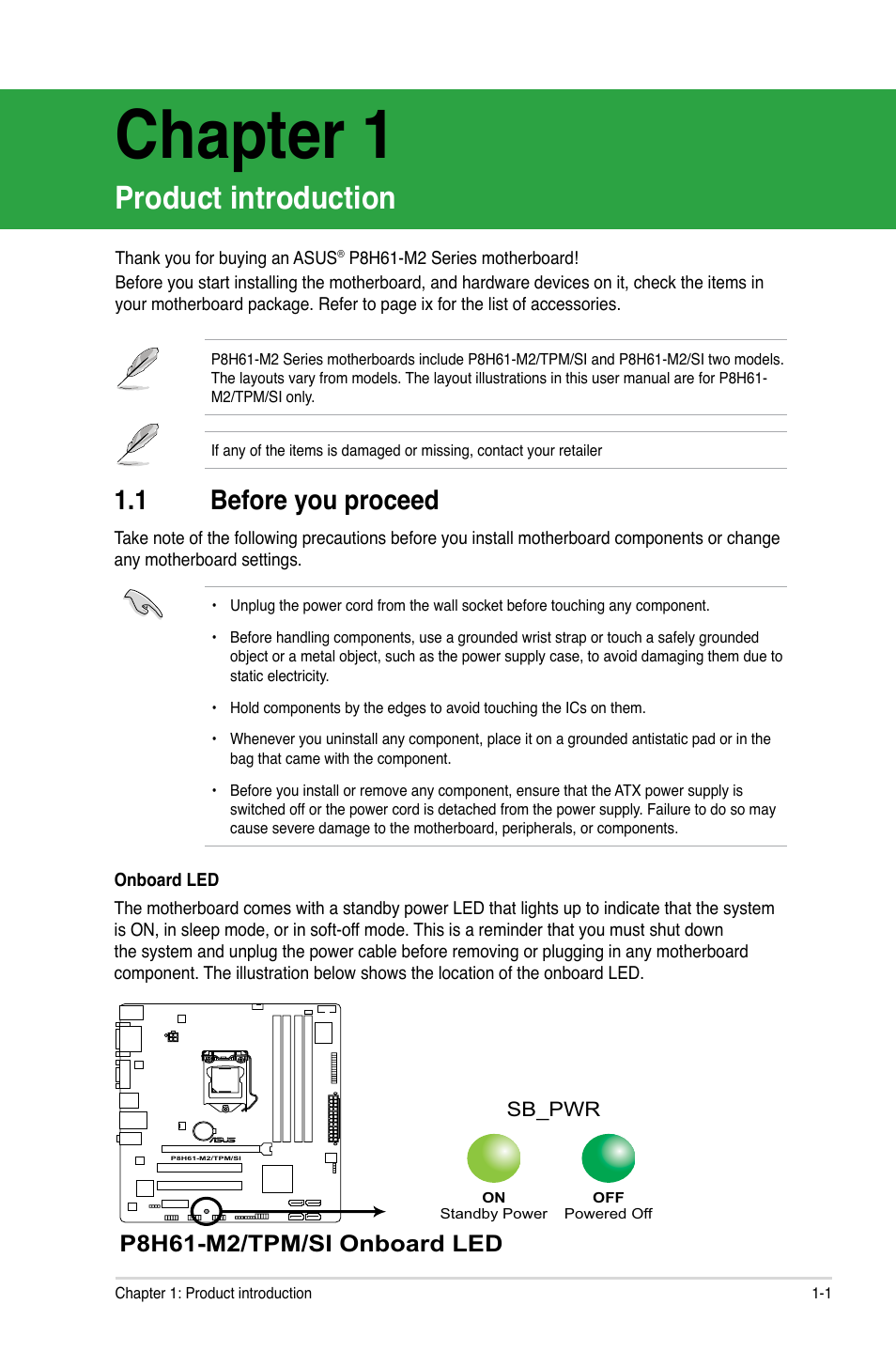 Chapter 1, Product introduction, 1 before you proceed | P8h61-m2/tpm/si onboard led | Asus P8H61-M2/TPM/SI User Manual | Page 13 / 59