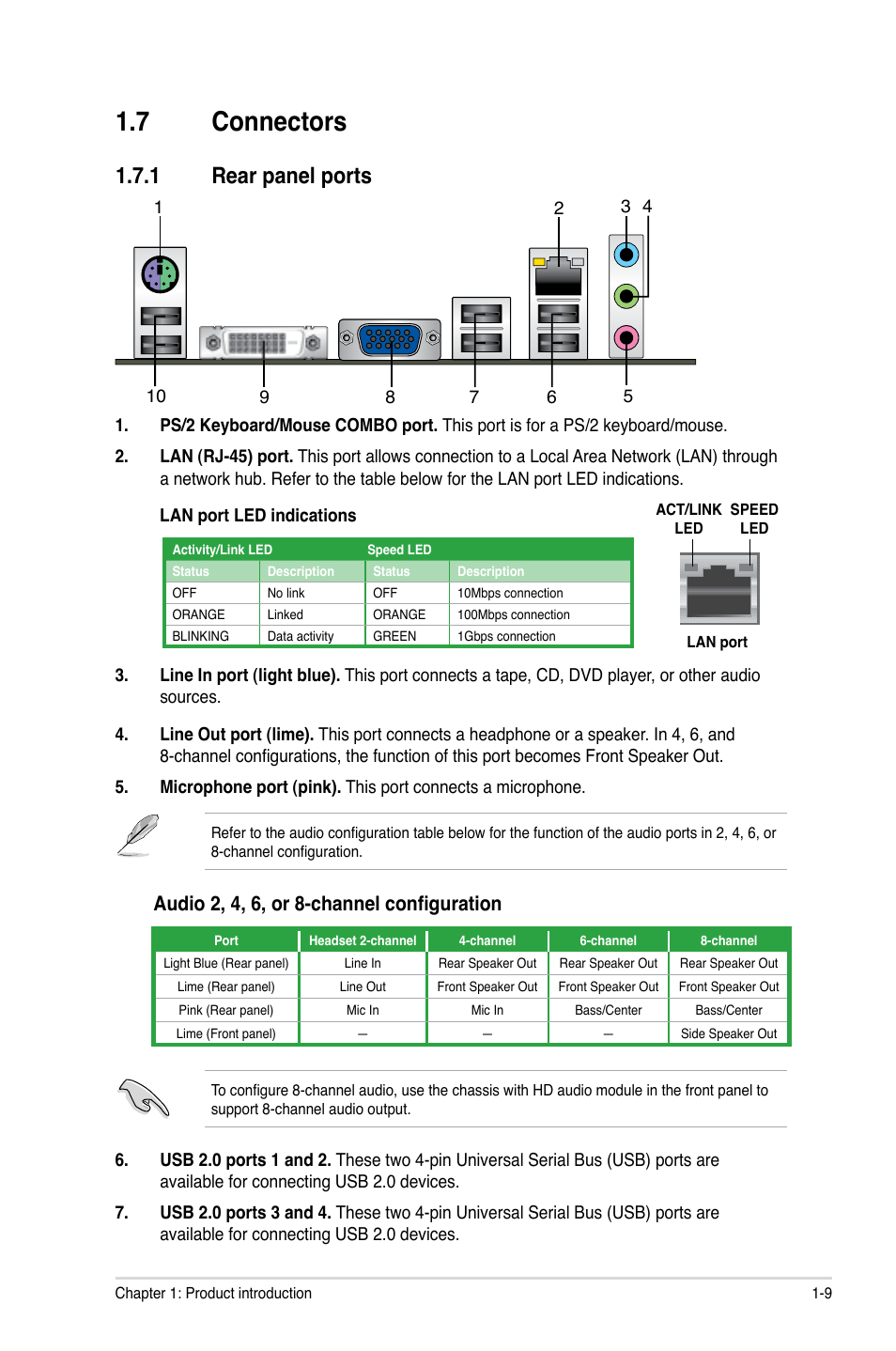 7 connectors, 1 rear panel ports, Audio 2, 4, 6, or 8-channel configuration | Asus P8H61-M2/TPM/SI User Manual | Page 21 / 59