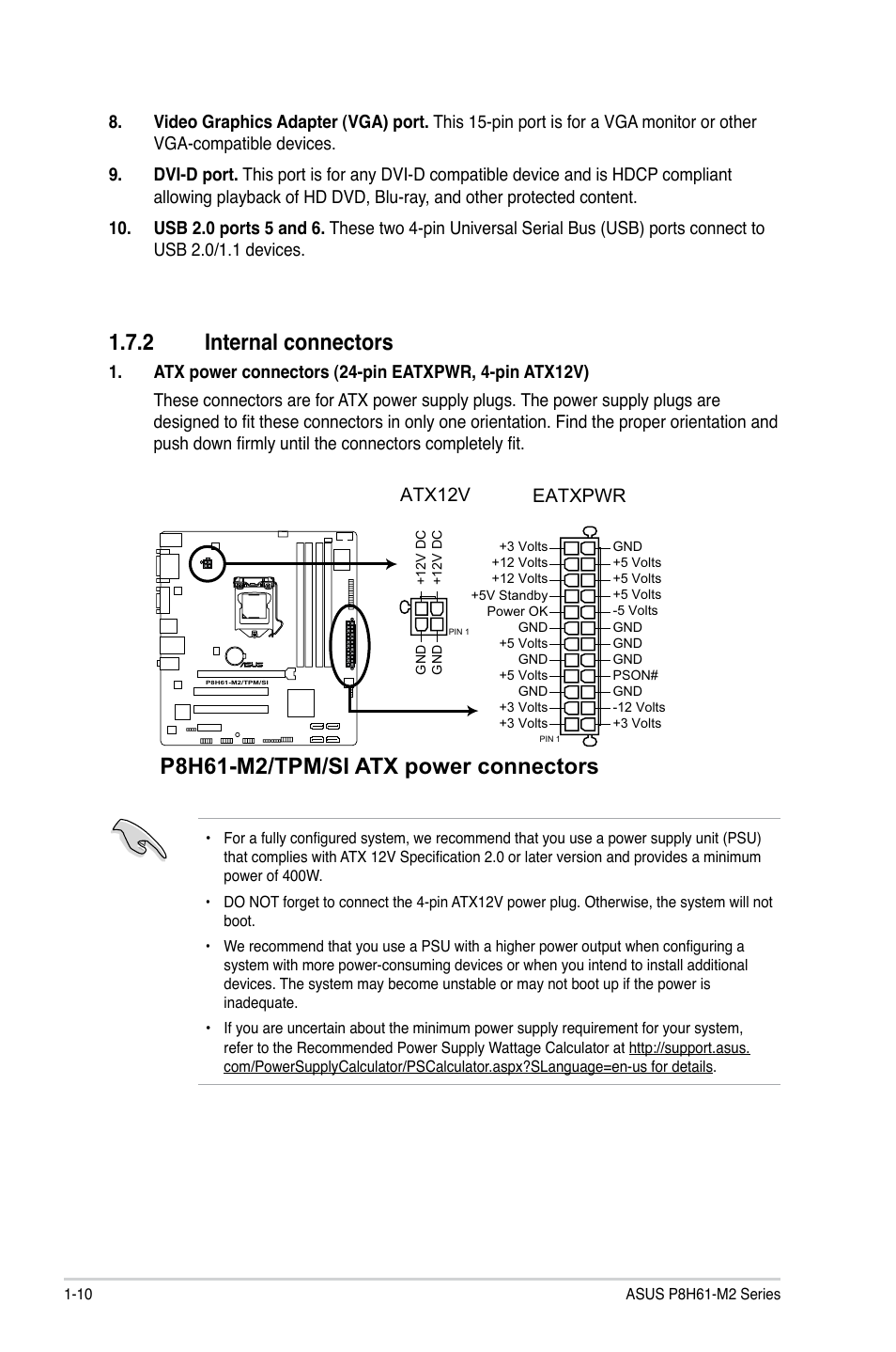 2 internal connectors, P8h61-m2/tpm/si atx power connectors, Eatxpwr | Atx12v | Asus P8H61-M2/TPM/SI User Manual | Page 22 / 59