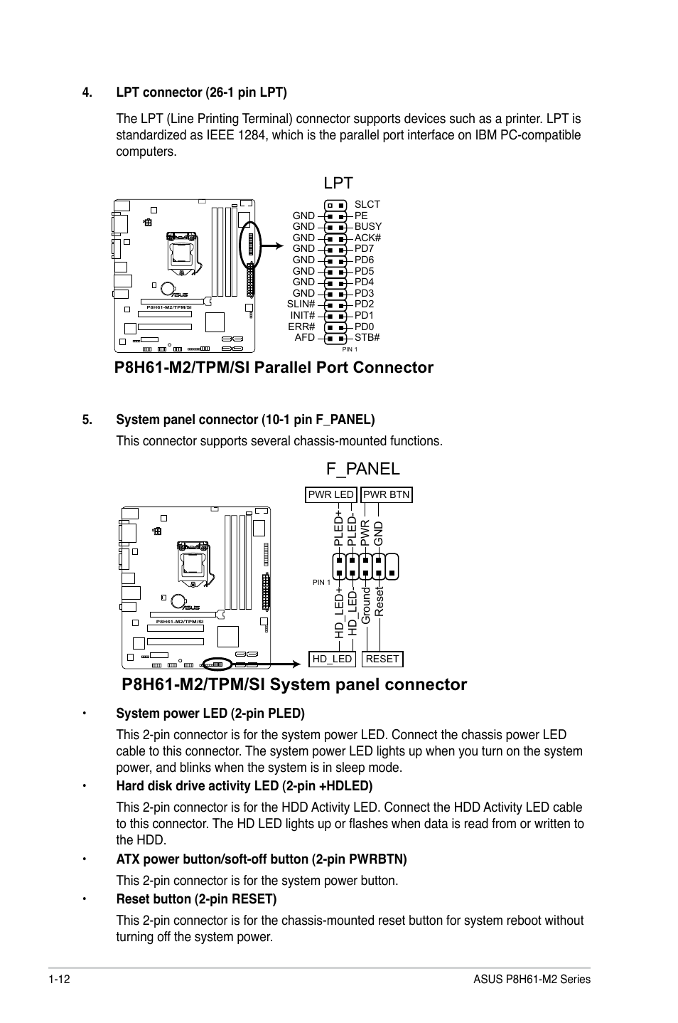 P8h61-m2/tpm/si system panel connector, F_panel, P8h61-m2/tpm/si parallel port connector lpt | Asus P8H61-M2/TPM/SI User Manual | Page 24 / 59