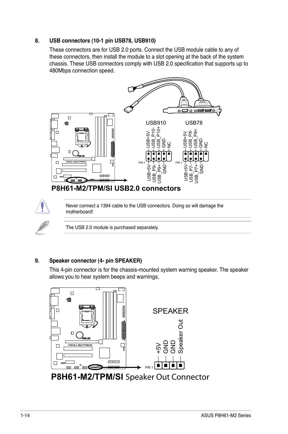 P8h61-m2/tpm/si speaker out connector, Speaker, 5 v gn d gn d speaker out | Asus P8H61-M2/TPM/SI User Manual | Page 26 / 59