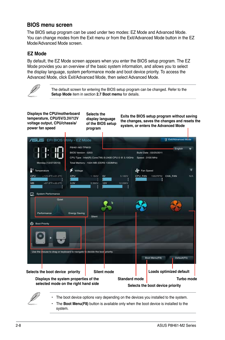 Bios menu screen, Ez mode | Asus P8H61-M2/TPM/SI User Manual | Page 36 / 59