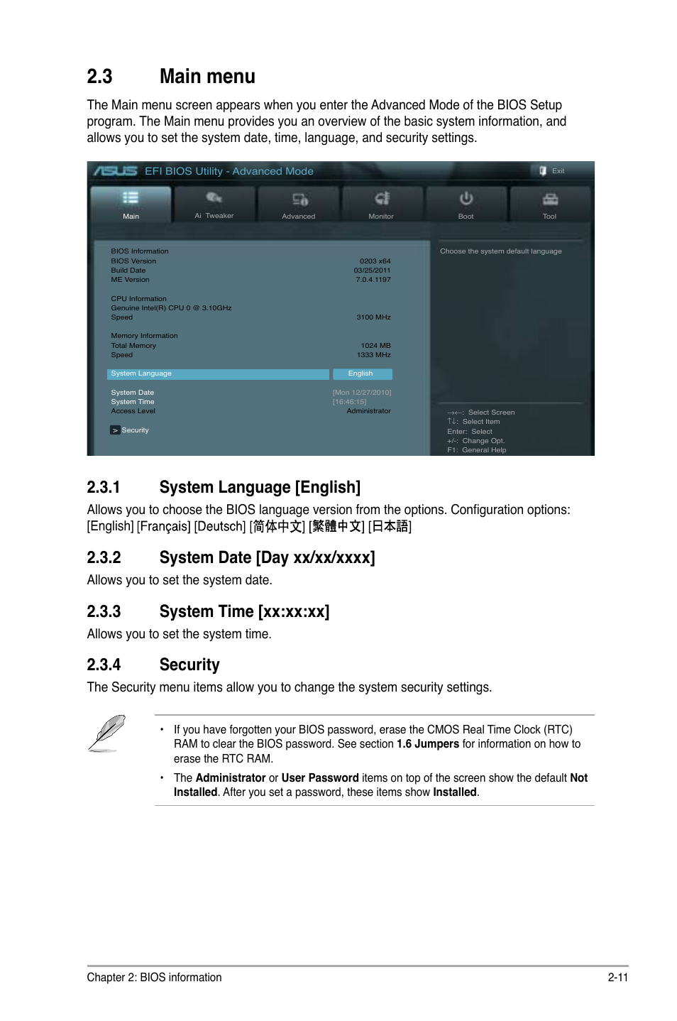 3 main menu, 1 system language [english, 3 system time [xx:xx:xx | 4 security, Allows you to set the system date, Allows you to set the system time | Asus P8H61-M2/TPM/SI User Manual | Page 39 / 59