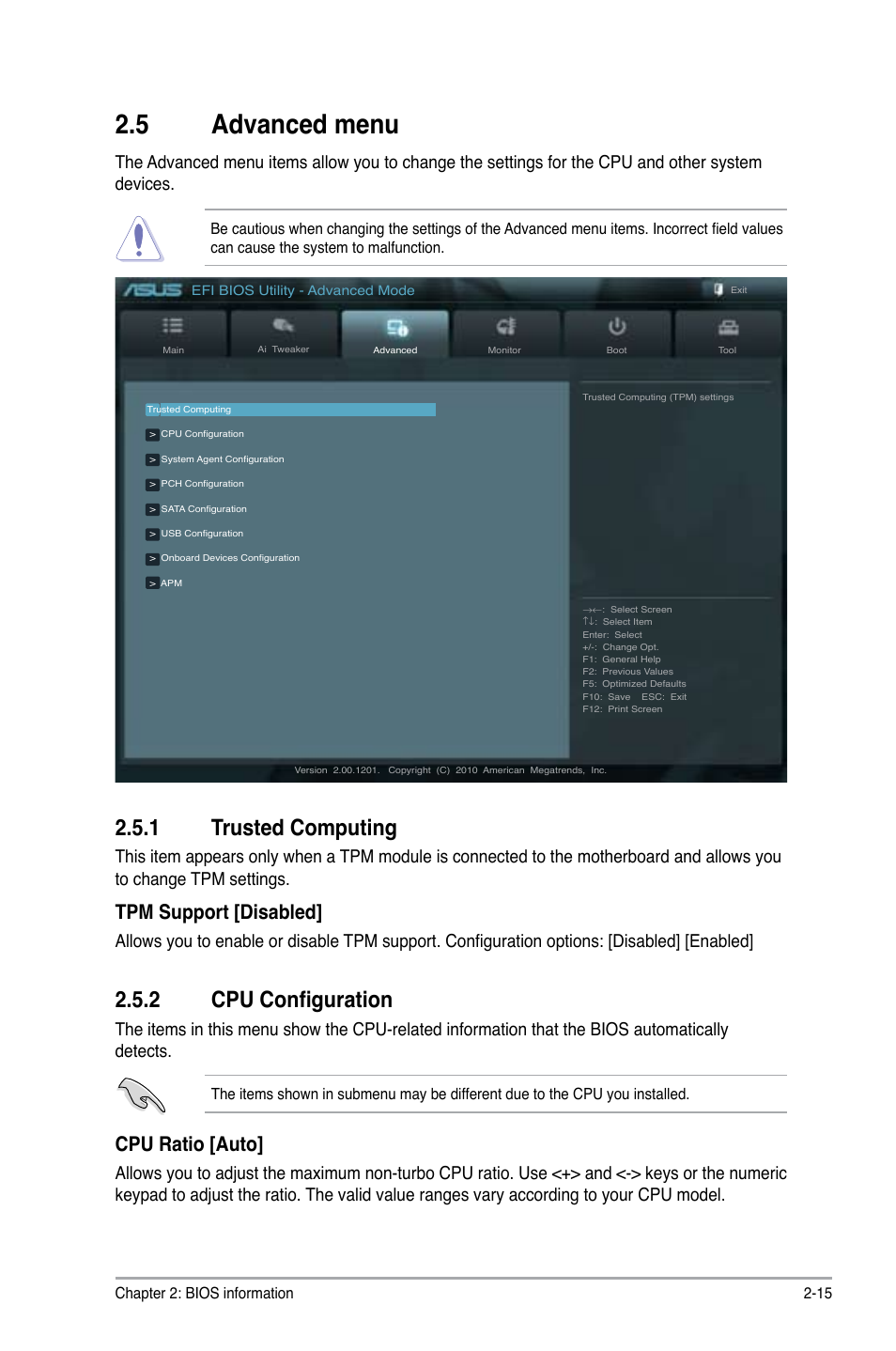 5 advanced menu, 1 trusted computing, 2 cpu configuration | Tpm support [disabled, Cpu ratio [auto | Asus P8H61-M2/TPM/SI User Manual | Page 43 / 59