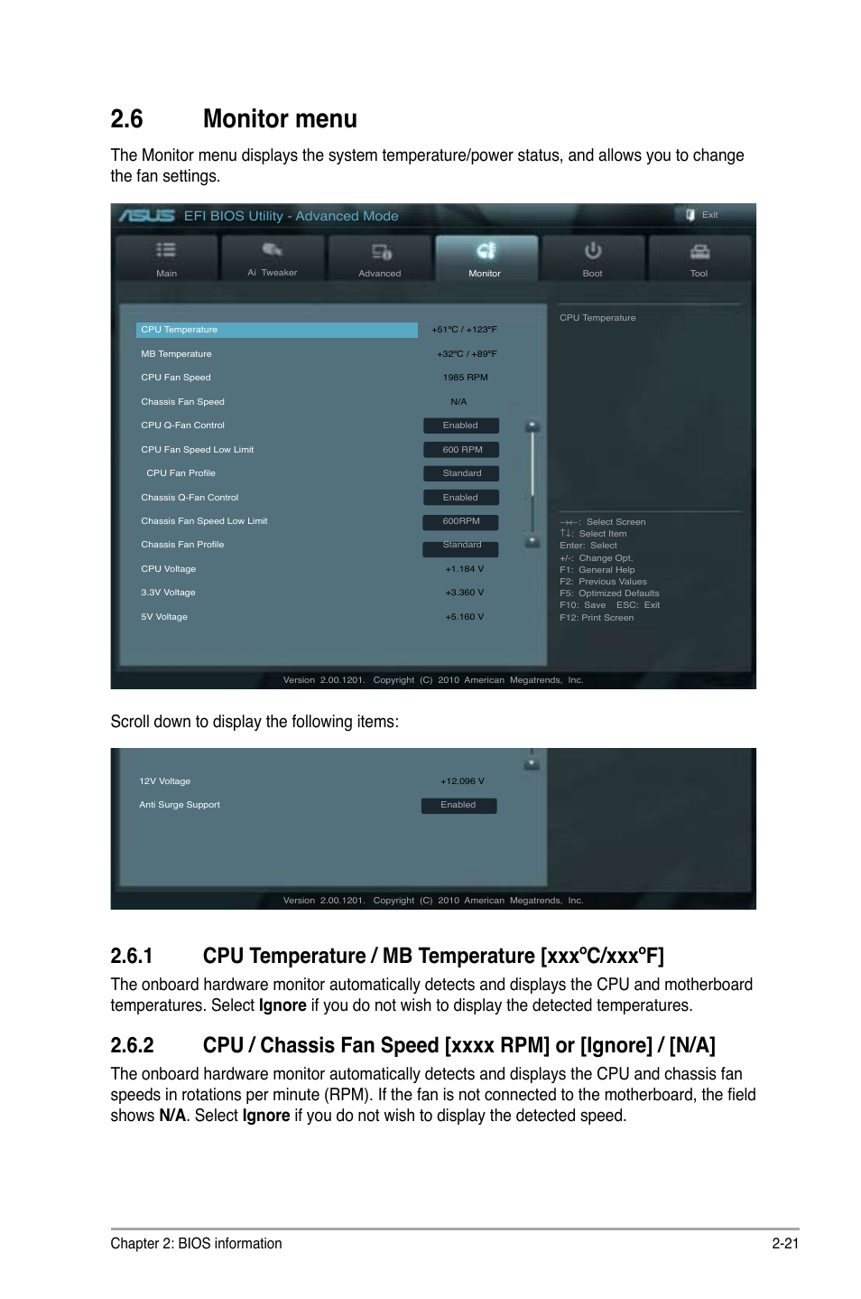 6 monitor menu, 1 cpu temperature / mb temperature [xxxºc/xxxºf, Scroll down to display the following items | Chapter 2: bios information 2-21 | Asus P8H61-M2/TPM/SI User Manual | Page 49 / 59