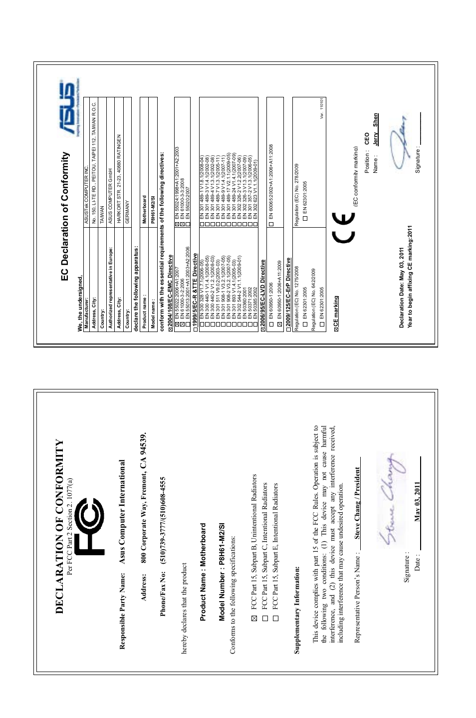 Declaration of conformity, Ec declaration of conformity, Asu s c om pu te r in te rn at io na l | Asus P8H61-M2/TPM/SI User Manual | Page 59 / 59