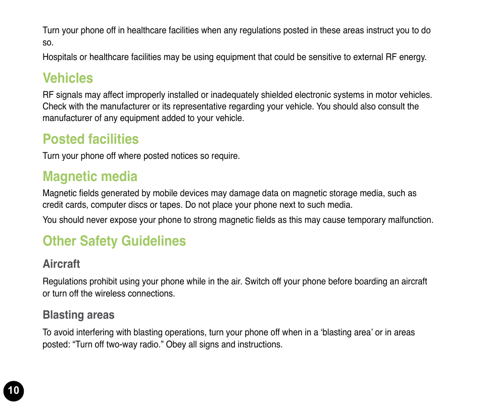 Vehicles, Posted facilities, Magnetic media | Other safety guidelines | Asus P835 User Manual | Page 10 / 53