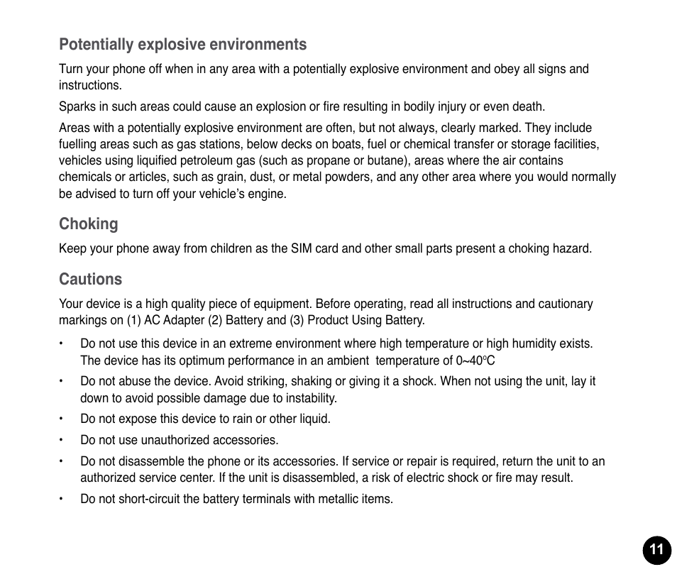 Potentially explosive environments, Choking, Cautions | Asus P835 User Manual | Page 11 / 53