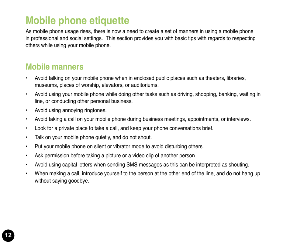 Mobile phone etiquette, Mobile manners | Asus P835 User Manual | Page 12 / 53