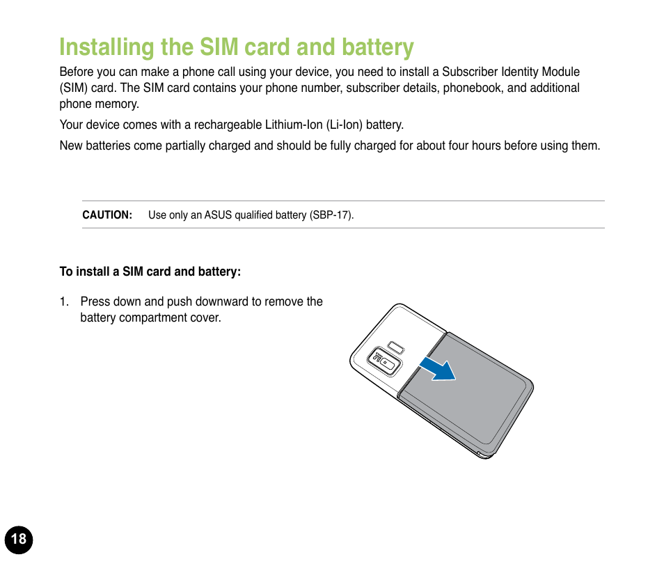 Installing the sim card and battery | Asus P835 User Manual | Page 18 / 53